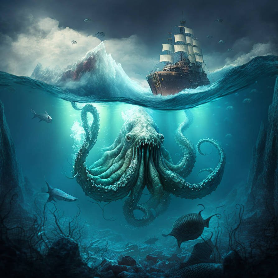 Premium Photo | Octopus kraken monster rising from the depths with its ...